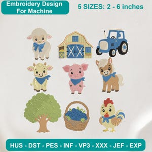 Puede incluir: Conjunto de diseños de bordado a máquina con oveja, granero, tractor azul, vaca, cerdo, caballo, árbol, cesta de arándanos y gallo. Texto: Embroidery Design For Machine, 5 SIZES: 2 - 6 inches, HUS - DST - PES - INF - VP3 - XXX - JEF - EXP.