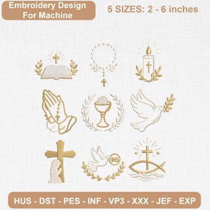 Può includere: Un set di ricami digitali per macchine con nove icone religiose in filo dorato, tra cui una bibbia, un rosario, una candela, mani in preghiera, un calice, una colomba, una croce e un pesce. Il testo recita: Embroidery Design For Machine.