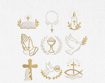 Icone ricamate per la Prima Comunione, colomba con croce cattolica IHS Designs (download digitale)