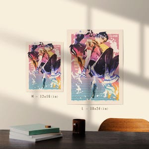 May include: Two art prints featuring a stylized illustration of a person in motion, with a pink, purple, and blue color scheme. The prints are labeled "M - 12x16 (in)" and "L - 18x24 (in)" with the word "CLOVE" at the top.