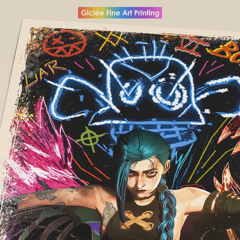 May include: A vibrant art print featuring a character with blue hair and a determined expression. The artwork showcases neon-style graffiti art with the text "Gicl&eacute;e Fine Art Printing" at the top. The color palette includes blue, pink, and black.