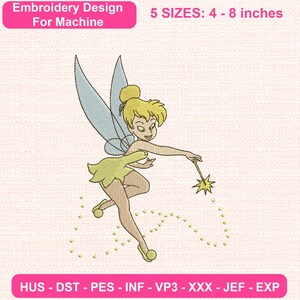 May include: Machine embroidery design featuring a blonde fairy with blue wings, a yellow dress, and a star-tipped wand. Text reads: Embroidery Design For Machine, 5 SIZES: 4 - 8 inches, HUS - DST - PES - INF - VP3 - XXX - JEF - EXP.