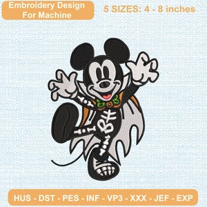 May include: Machine embroidery design featuring a cartoon mouse dressed as a vampire with a skeleton print on the body, a cape, and a green bow tie. Text reads: Embroidery Design For Machine, 5 SIZES: 10 - 20 cm, HUS - DST - PES - INF - VP3 - XXX - JEF - EXP.
