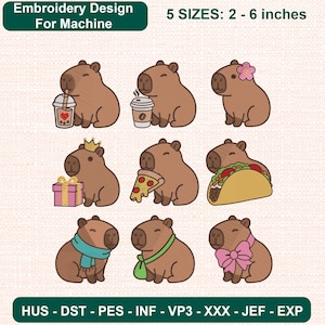 Peut inclure: Un ensemble de motifs de broderie numérique représentant neuf capybaras bruns. Les capybaras sont illustrés avec divers accessoires : thé aux perles, café, fleur, couronne, cadeau, pizza, taco, écharpe et nœud. Texte : Embroidery Design For Machine, 5 SIZES: 2 - 6 inches, HUS - DST - PES - INF - VP3 - XXX - JEF - EXP.