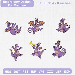 May include: Six purple dragon embroidery designs for machine, featuring various poses including one holding a yellow trumpet. Text reads Embroidery Design For Machine and 5 SIZES: 4 - 8 inches. File formats include HUS, DST, PES, INF, VP3, XXX, JEF, EXP.