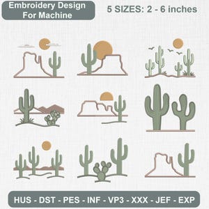 Broderidesignpaket med ökenlandskap, kaktusikoner, minimalistisk stil (digital nedladdning)