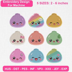 Può includere: Disegno per ricamo a macchina con nove simpatici personaggi a forma di gnocco con vari colori ed espressioni. Il testo recita: Embroidery Design For Machine, 5 SIZES: 5 - 15 cm, e HUS - DST - PES - INF - VP3 - XXX - JEF - EXP. Ogni gnocco ha un volto unico.