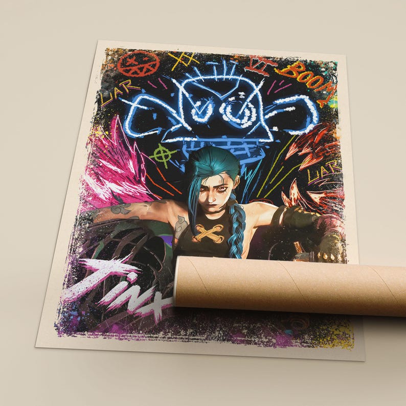 May include: A poster featuring a stylized illustration of a character with blue hair and a black top. The poster has neon-style text and graphics, including the word "Jinx" and the word "BOOM". The color palette includes blue, pink, and black.
