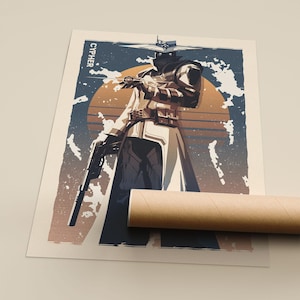 May include: A poster featuring a stylized illustration of a character from the game Valorant. The character, Cypher, is depicted in a white coat, hat, and holding a gun, set against a sunset background with the word "CYPHER" at the top.