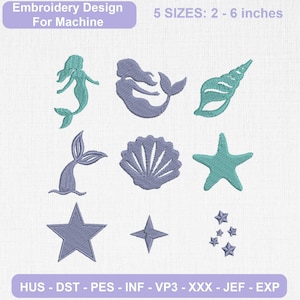 May include: A digital embroidery design set featuring nine nautical motifs in teal and purple, including mermaids, seashells, a starfish, and stars. Text reads: Embroidery Design For Machine, 5 SIZES: 2 - 6 inches, HUS - DST - PES - INF - VP3 - XXX - JEF - EXP.
