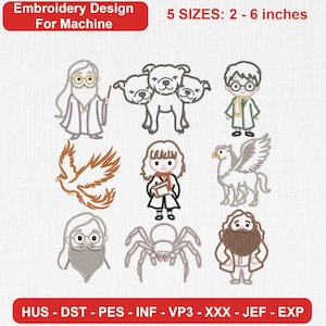 Puede incluir: Un conjunto de diseños de bordado digital con nueve ilustraciones de personajes: un mago, un perro de tres cabezas, un niño con gafas, un fénix, una niña con un libro, un grifo, un hombre barbudo, una araña y una figura barbuda. Texto: 5 SIZES: 2 - 6 inches.