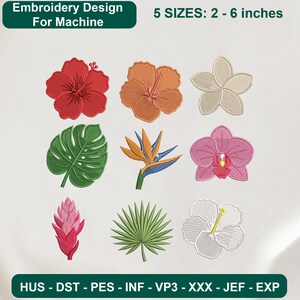 Tropical Flowers Embroidery Icons Bundle, Floral Hibiscus Palm Leaves (Digital Download)