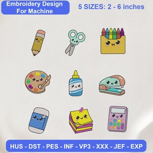Kawaii School Supplies Embroidery Design Set Pencil Scissors Crayons Palette Glue Stapler Calculator Patch