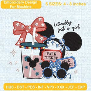 Op de afbeelding: Machineborduurontwerp met een rode strik met witte sterren, zwarte muisoren, een drankje met rietje, twee parktickets en een blauwe zonnebril met stippen. Tekst: Embroidery Design For Machine, 5 SIZES: 4 - 8 inches, Literally just a girl.