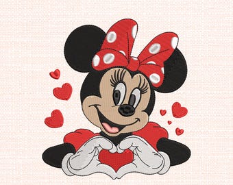 Ricamo a forma di cuore di Minnie Mouse, schema moderno a punto raso (download digitale)