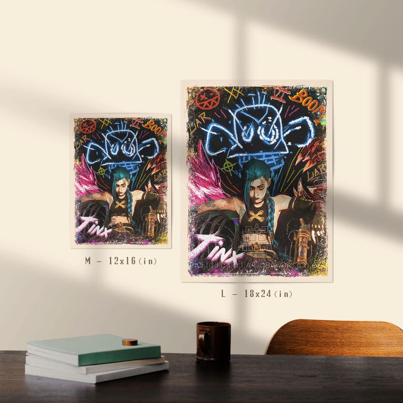 May include: Two posters featuring a stylized illustration of a character with blue hair, set against a graffiti-style background. The posters are labeled M - 12x16 (in) and L - 18x24 (in), with the name "Tinx" visible.