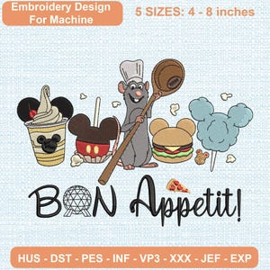 May include: Machine embroidery design featuring a gray rat chef holding a wooden spoon, surrounded by a soft serve cup, a candy apple, a burger, and blue cotton candy. Text reads: Embroidery Design For Machine, 5 SIZES: 4 - 8 inches, B(icon)N Appetit!, HUS - DST - PES - INF - VP3 - XXX - JEF - EXP.