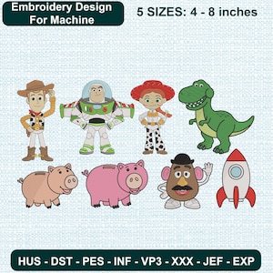 May include: A digital embroidery design set for machines featuring seven colorful characters and a rocket ship. Text includes "Embroidery Design For Machine", "5 SIZES: 4 - 8 inches", and file formats "HUS - DST - PES - INF - VP3 - XXX - JEF - EXP".