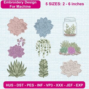 Broderidesignpaket med suckulent kaktus, maskinbroderikoner (DST, PES)