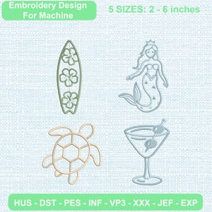 Può includere: Disegno per ricamo a macchina con quattro contorni: una tavola da surf con tre fiori di ibisco, una sirena con corona, una tartaruga marina e un bicchiere da martini con due olive. Testo: Embroidery Design For Machine, 5 SIZES: 2 - 6 inches, HUS - DST - PES - INF - VP3 - XXX - JEF - EXP.