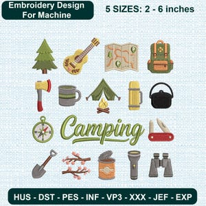 Mini broderipaket med campingikoner, maskinfiler för utomhusäventyr (2-6 tum)