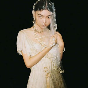 Puede incluir: Un vestido de novia color crema con un velo transparente adornado con perlas. El vestido presenta detalles de encaje en las mangas y el corpiño, con una cinta de satén en la cintura. El fondo es negro liso.