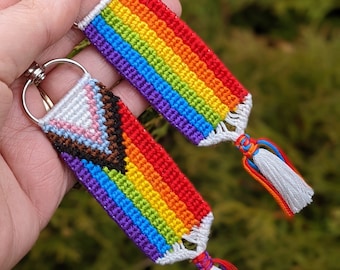 Original Pride Flag, Progress Pride Rainbow Flag, Custom Pride Flag, Love is Love Hand-Knotted, Hand-Woven Keychain (Made to Order)