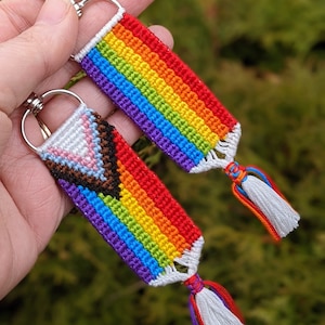 Original Pride Flag, Progress Pride Rainbow Flag, Custom Pride Flag, Love is Love Hand-Knotted, Hand-Woven Keychain (Made to Order)