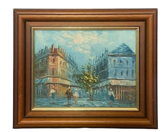 Peinture à l'huile originale. Scène de rue de Paris, toile à bord, oeuvre d'art encadrée 10 x 20 cm
