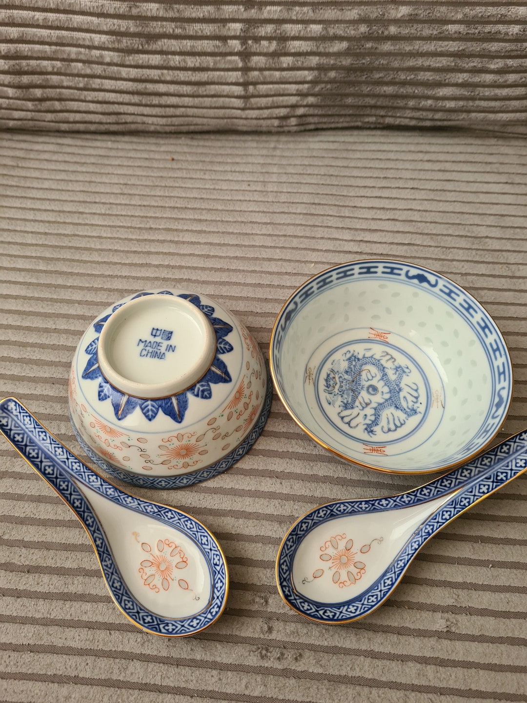 Vintage Chinese Rice Bowls With Spoons With Gold Rim Etsy