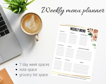 May include: A printable weekly menu planner with a floral design. The planner includes spaces for each day of the week, a grocery list, and notes.
