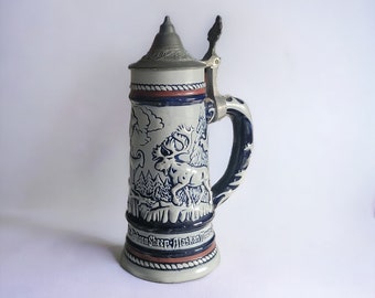 Vintage Avon Blue and White Mountain Scene Beer Stein with Pewter Lid, Elk Moose Trees