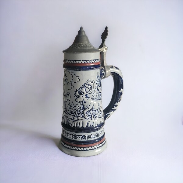 Vintage Avon Blue and White Mountain Scene Beer Stein with Pewter Lid, Elk Moose Trees