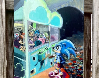 May include: A painting of a blue hedgehog character standing in front of a claw machine filled with colorful plush toys. The claw machine is set against a dark background with a blue and green cloud above it.