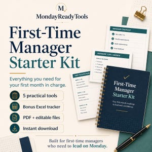 May include: A First-Time Manager Starter Kit featuring a dark blue spiral-bound notebook, printed checklists, and agendas. The text reads First-Time Manager Starter Kit, Everything you need for your first month in charge, and Built for first-time managers.