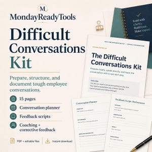 Può includere: Il kit Difficult Conversations di MondayReadyTools include un set di documenti di 15 pagine con un pianificatore di conversazioni e script di feedback. Presenta pagine stampate con intestazioni come The Idea, Conversation Planner e Feedback Script.