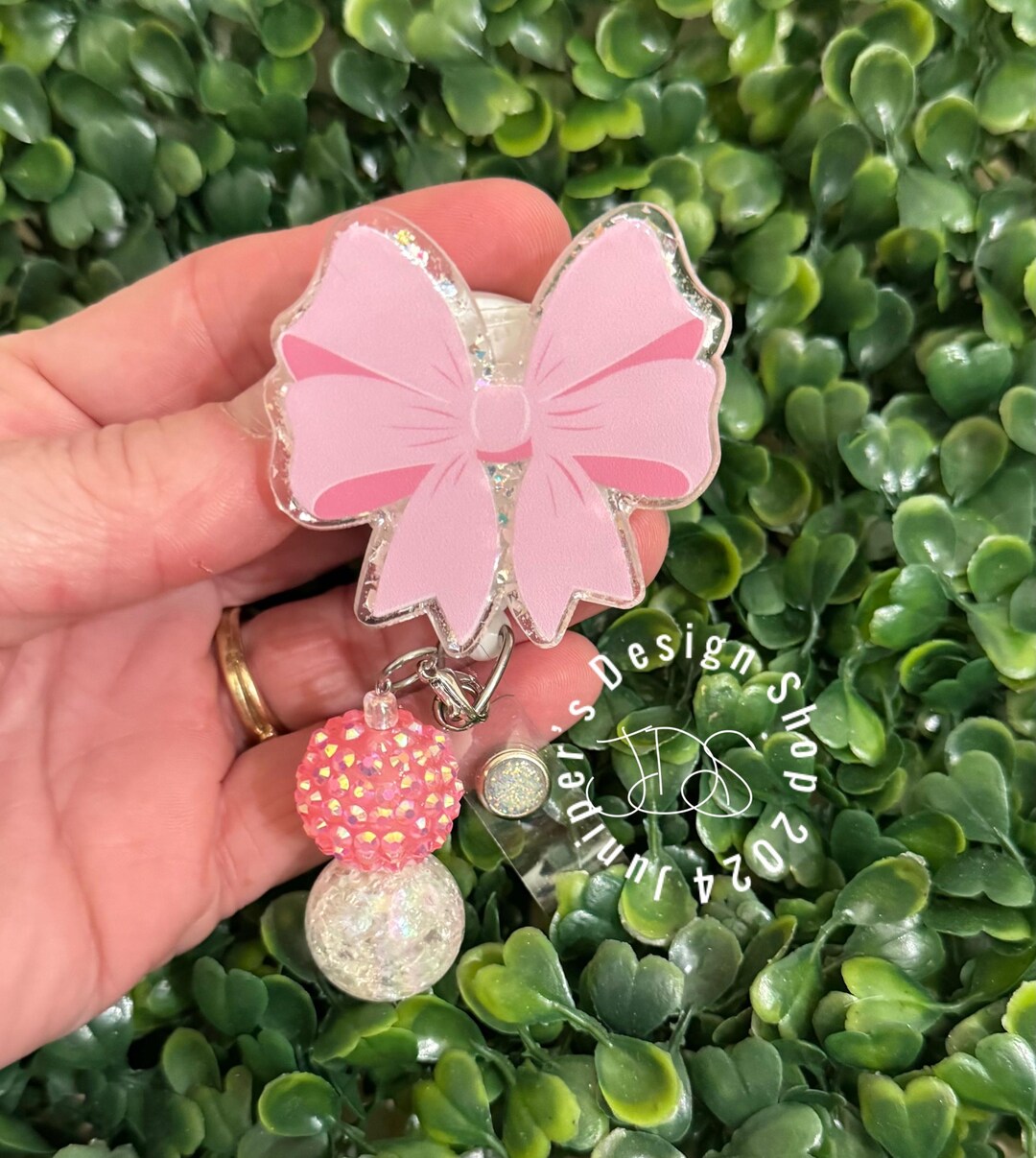 Pink Bow Badge Reel Coquette Bow Beaded Badge Pink Bow Nurse Badge Reel ...