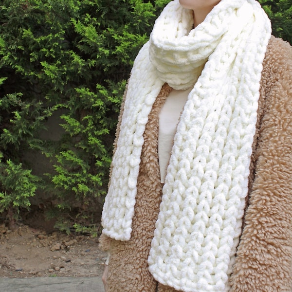 Super Soft Knit Scarf, Cream Bulky Scarf, Chenille Scarf, Cozy Knit Scarves, Hand Knitted Long Scarf, Holiday Gifts for Her, Cream Scarf