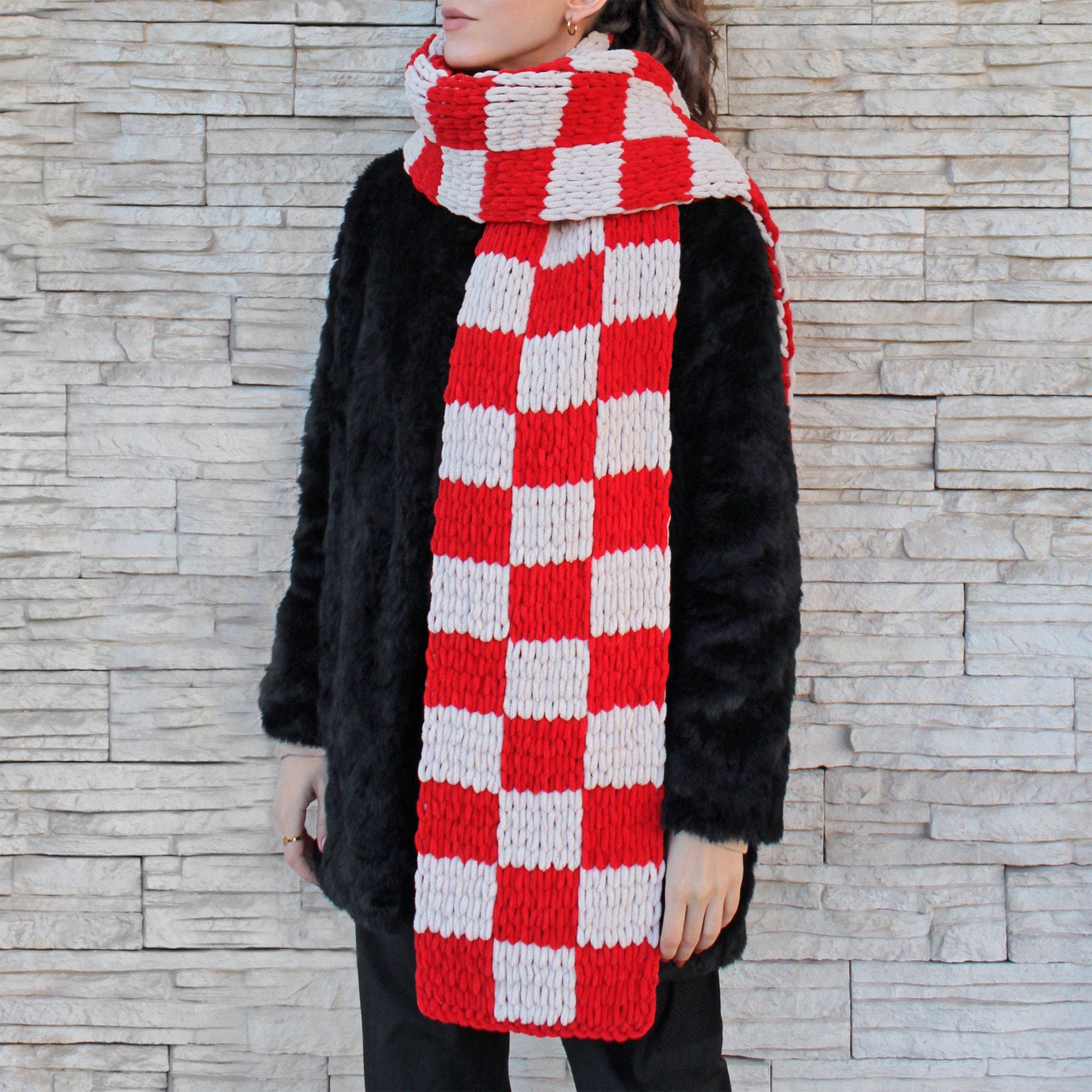 Chunky Knit Checkerboard Scarf, Hand Knitted Red Oversized Scarf - Etsy