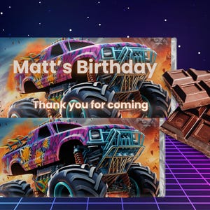 Monster Truck Chocolate Wrapper Template - Customizable Party Favor - Digital Download for Birthday Celebrations -Editable Wrapper