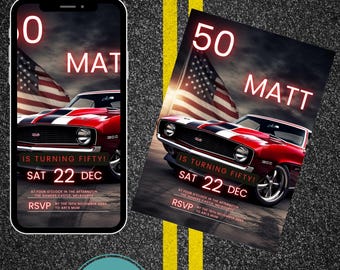 Invitación de cumpleaños de Muscle Car clásico - Invitación a fiesta de coches clásicos - Plantilla digital imprimible - Descarga instantánea