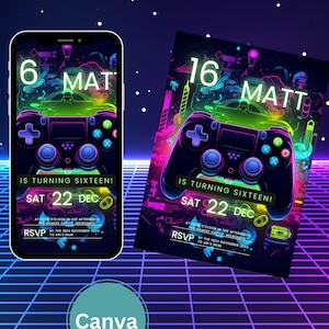Neon Gamer Birthday Party Invitations - Editable Video Game Invite - Fun Custom Template - Instant Download