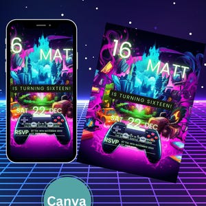 Neon Gamer Birthday Party Invitations - Editable Video Game Invite - Fun Custom Template - Instant Download