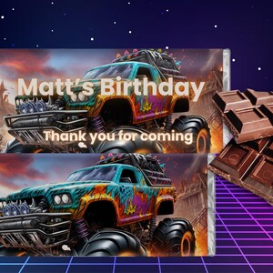 Monster Truck Chocolate Wrapper Template - Customizable Party Favor - Digital Download for Birthday Celebrations -Editable Wrapper