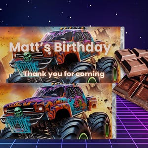 Monster Truck Chocolate Wrapper Template - Customizable Party Favor - Digital Download for Birthday Celebrations -Editable Wrapper