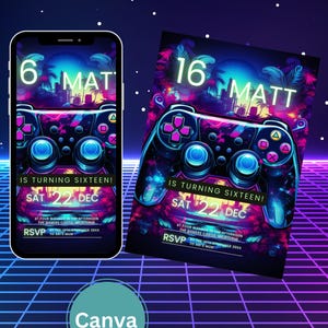 Neon Gamer Birthday Party Invitations - Editable Video Game Invite - Fun Custom Template - Instant Download