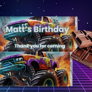 Monster Truck Chocolate Wrapper Template - Customizable Party Favor - Digital Download for Birthday Celebrations -Editable Wrapper