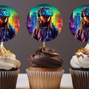 VR Game Party Cupcake Toppers - Instant Download - Gamer Birthday - Virtual Reality Decorations