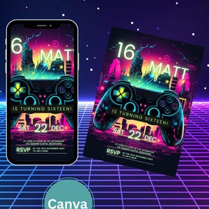 Neon Gamer Birthday Party Invitations - Editable Video Game Invite - Fun Custom Template - Instant Download