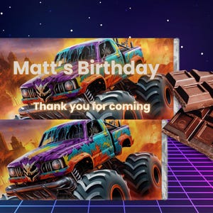 Monster Truck Chocolate Wrapper Template - Customizable Party Favor - Digital Download for Birthday Celebrations -Editable Wrapper